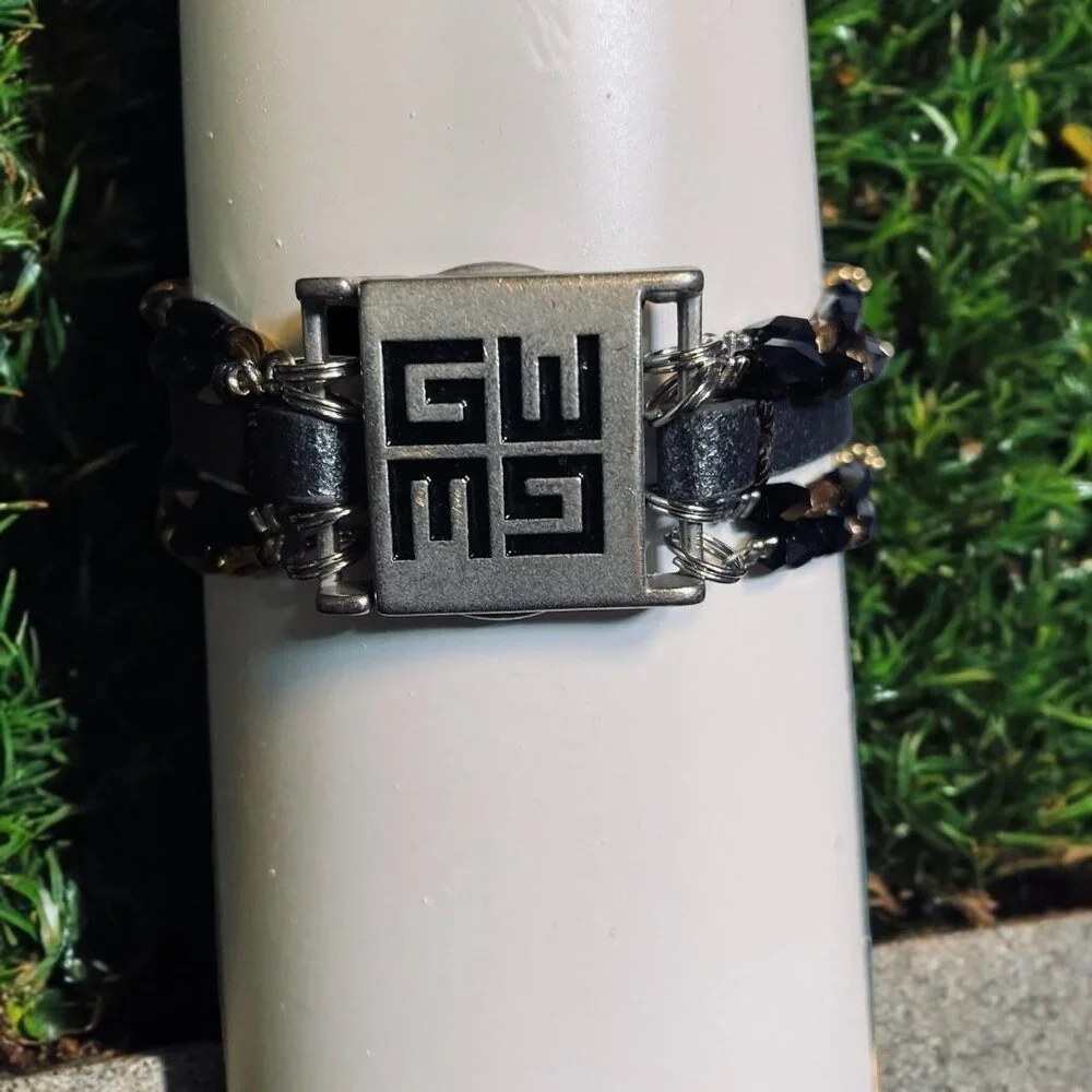 GWM Leather‎ Wrap Bracelet Black Gold Beaded Adjustable Logo Jewelry Boho Street